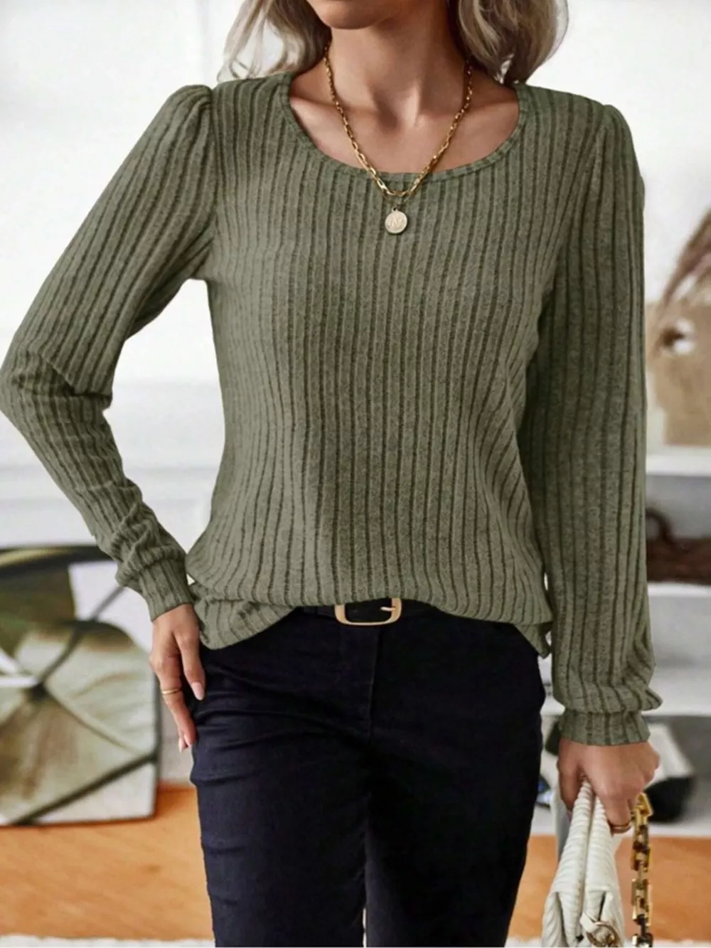 Ribbed Knit Long Sleeve T-Shirt, image 24