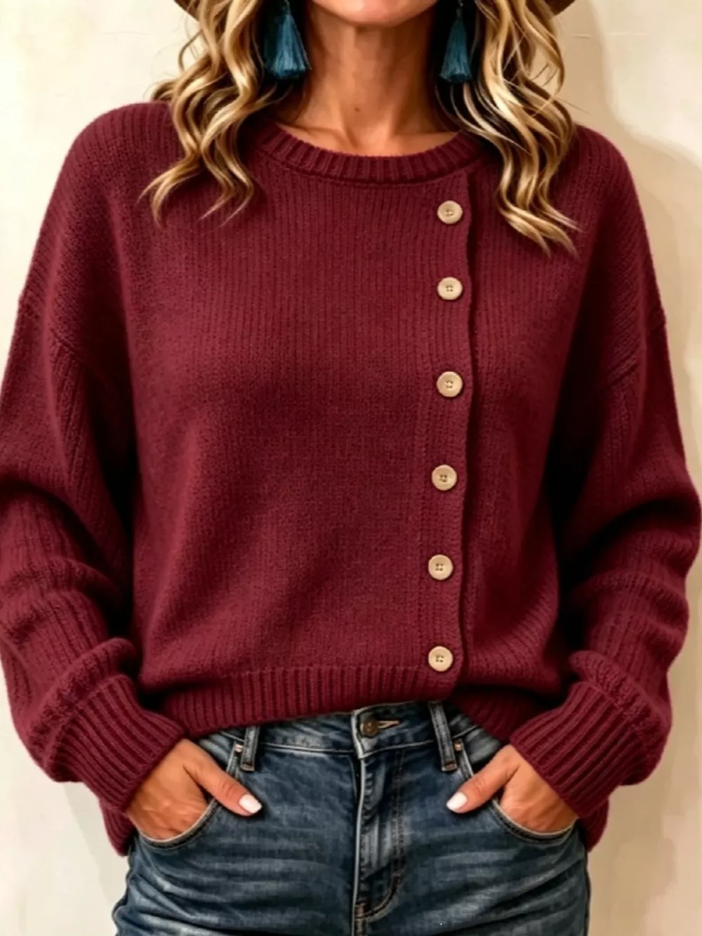 Decorative Button Round Neck Sweater, image 6