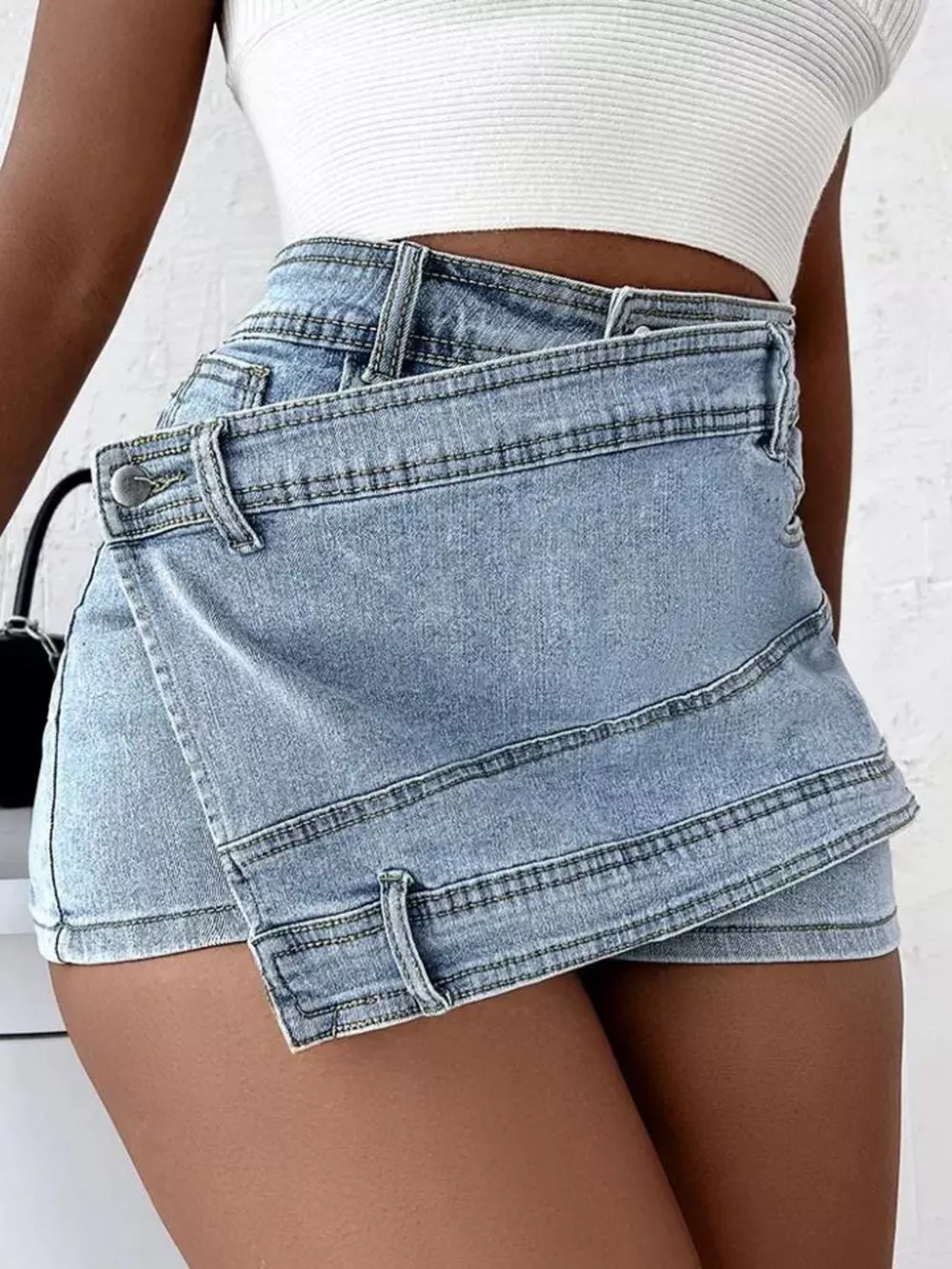 Asymmetrical Wrap Denim Shorts, image 6