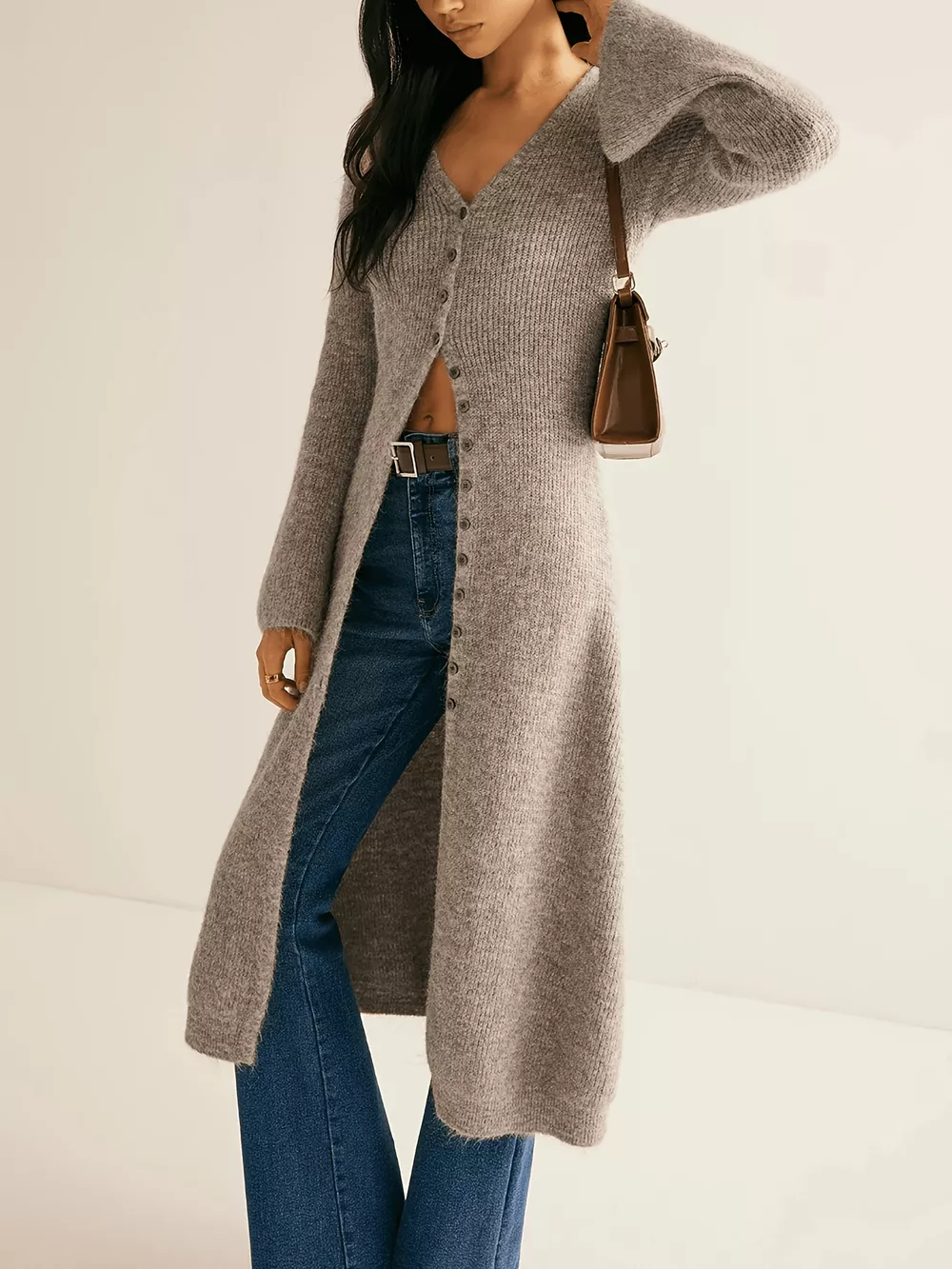 Longline Button-Down Bell Sleeve Cardigan, image 4