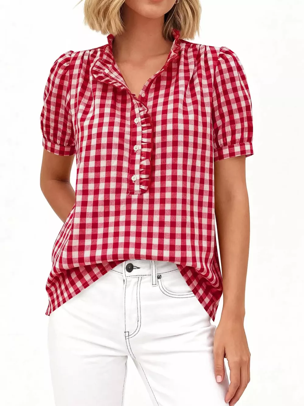 Gingham Button Front Puff Sleeve Blouse, image 8