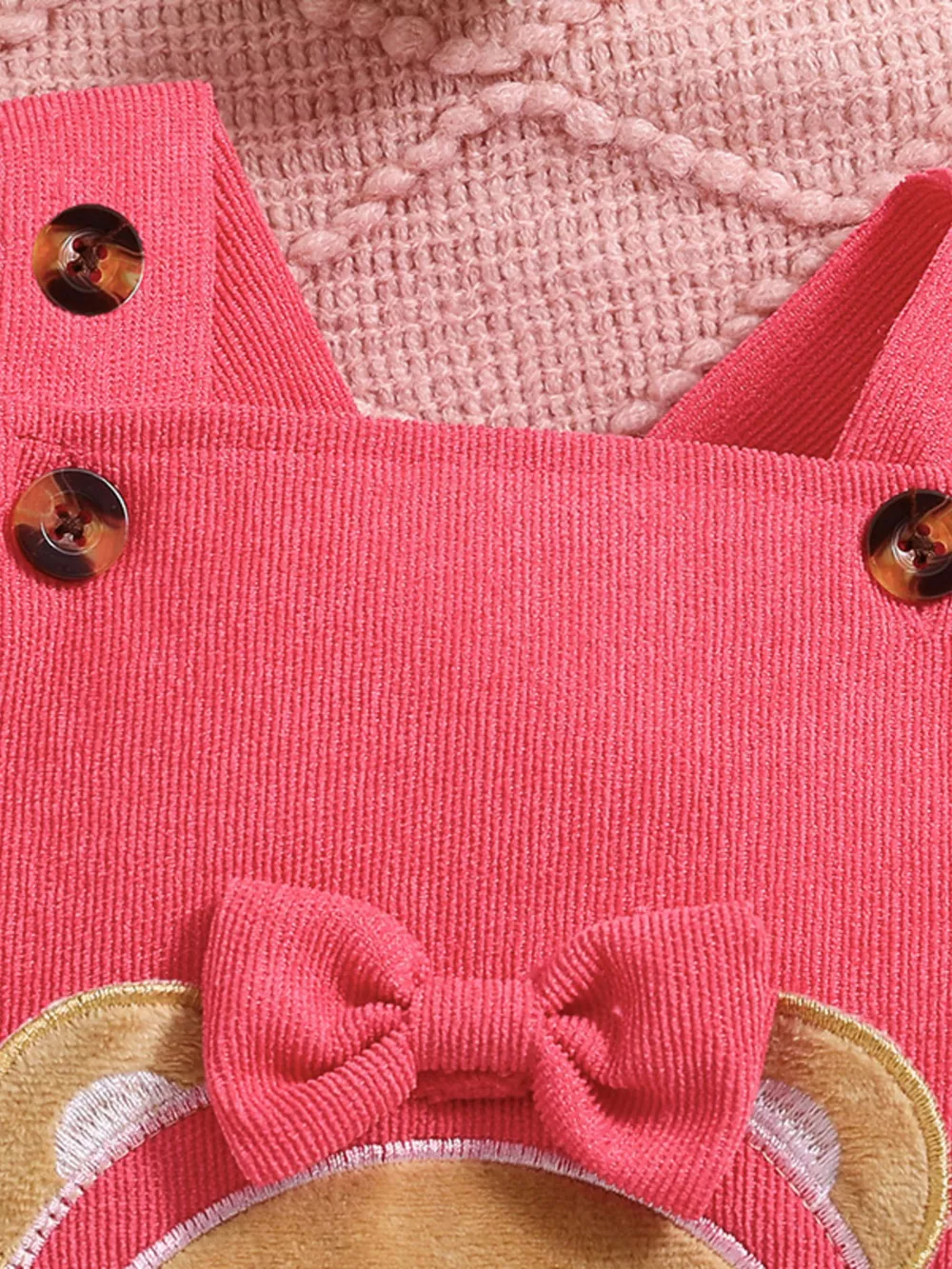 Children's Floral Print Ruffle Trim Bodysuit & Bear Applique Overalls Set, image 4