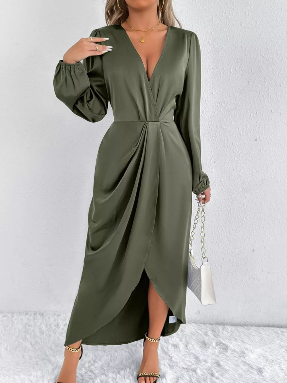 Satin Balloon Sleeve Midi Dress, image 2