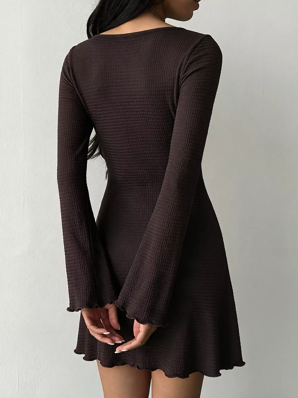 Long-Sleeve Waffle Knit Bodycon Mini Dress, image 6