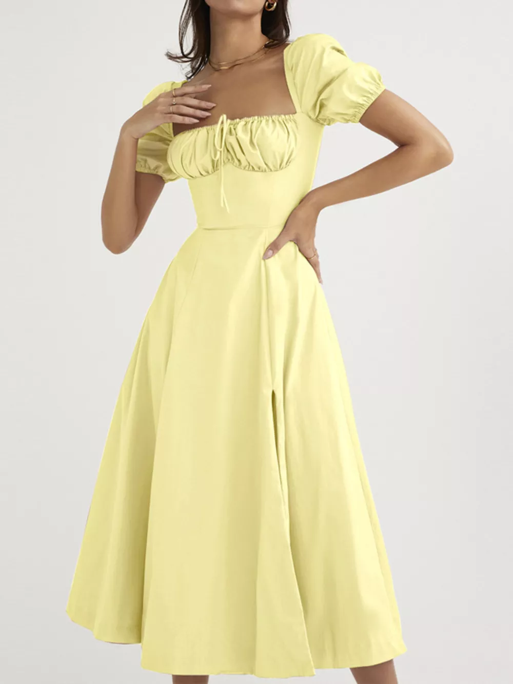Puff Sleeve Tie Front Slit Midi Dress, image 3