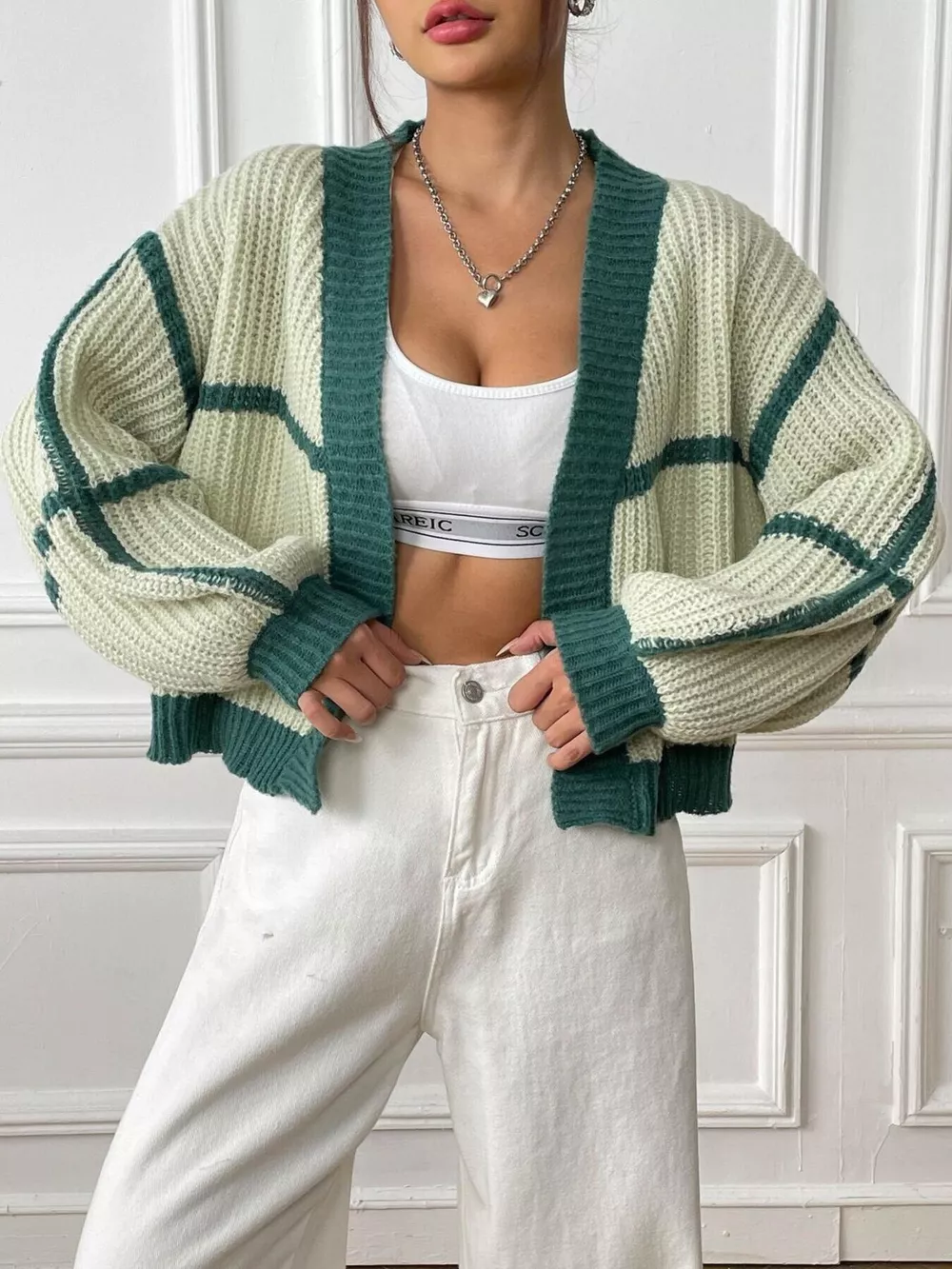 Color-Block Ribbed Knit Open-Front Cropped Cardigan, image 14