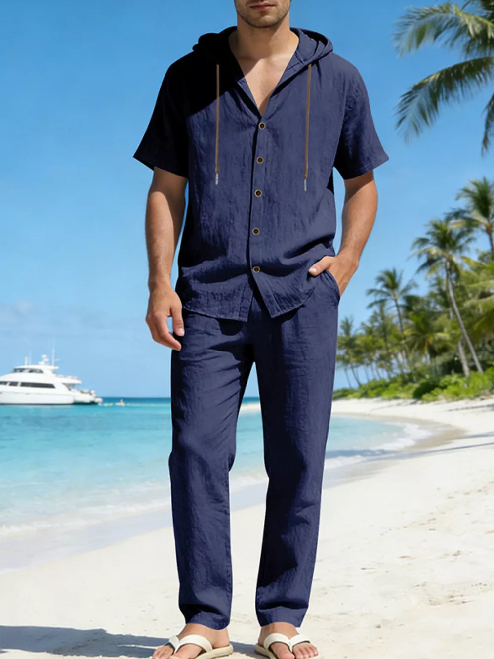 Men's Full Size Button Up Hooded Top and Pants Set Plus Size, image 9