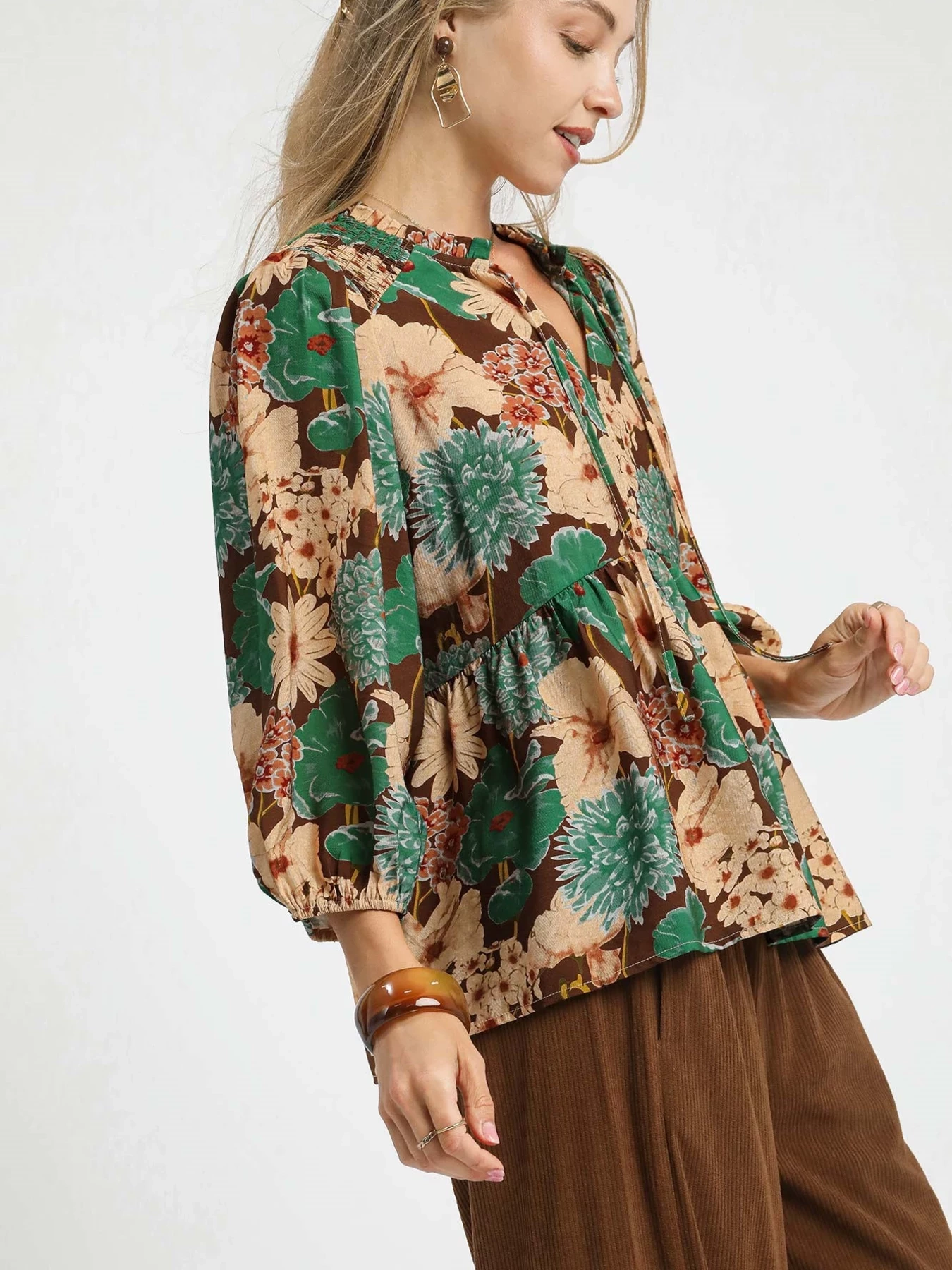 Mix Floral Peplum Blouse with Tie Neck, image 2