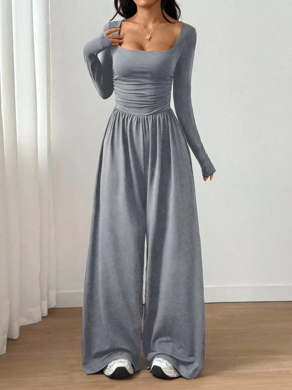 Ruched Square Neck Wide-Leg Jumpsuit, image 7