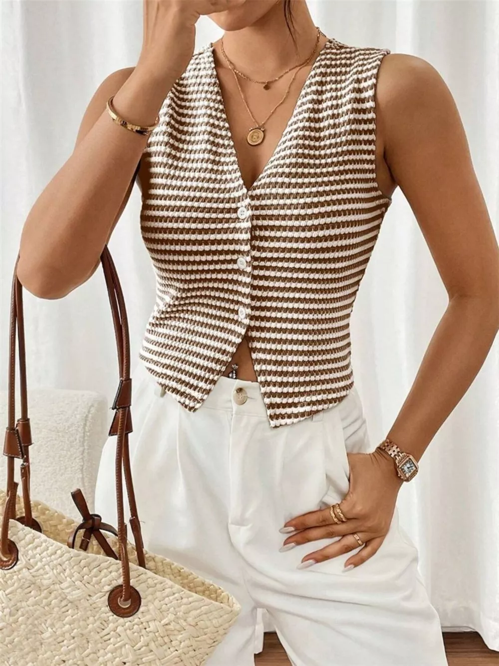 Striped Knit V-Neck Vest, image 12