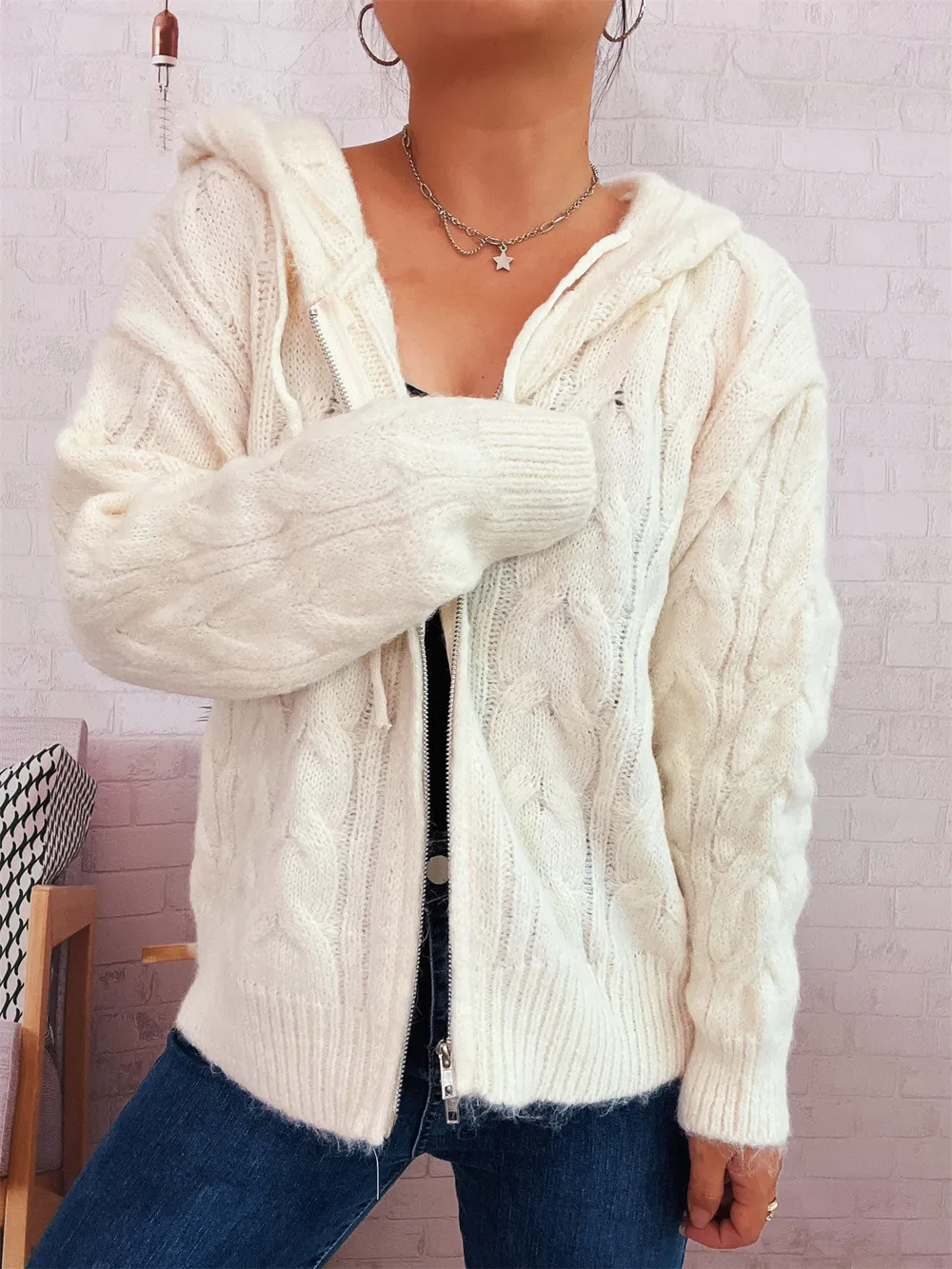 Cable Knit Hooded Zip-Up Cardigan, image 11