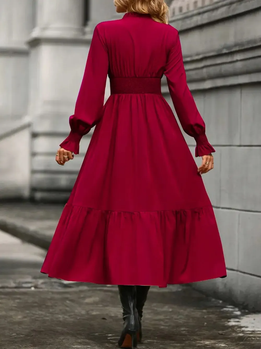 Notched Long Sleeve Tiered Dress, image 15