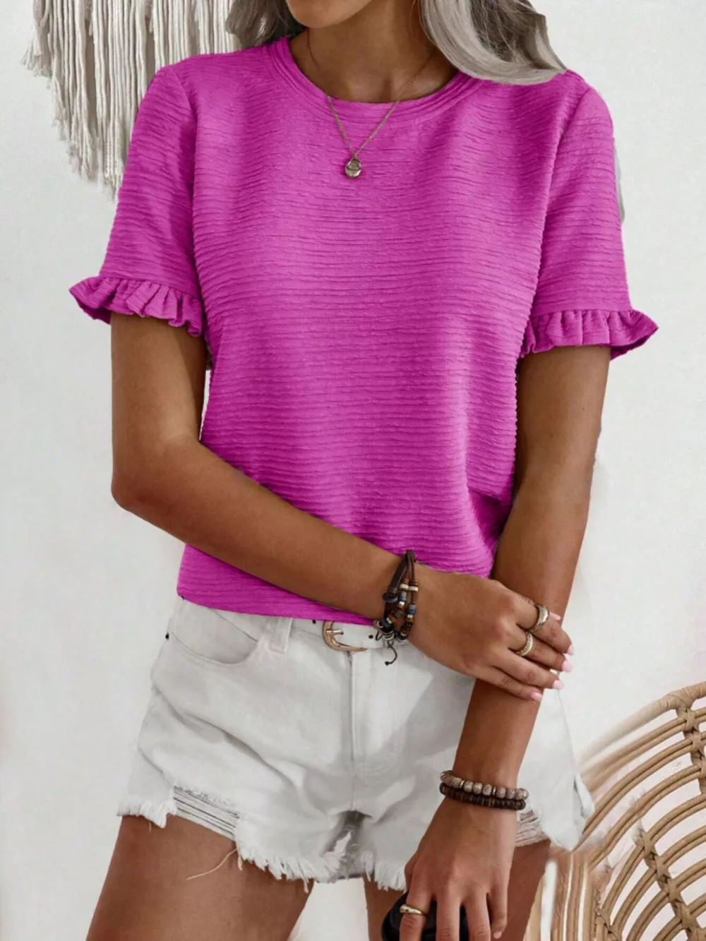 Textured Ruffle Sleeve Round Neck T-Shirt, image 3