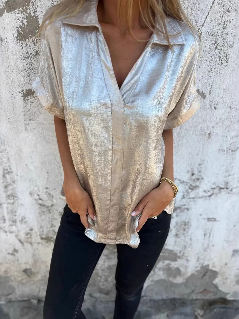 Full Size Collared Neck Short Sleeve Shirt Plus Size, image 14
