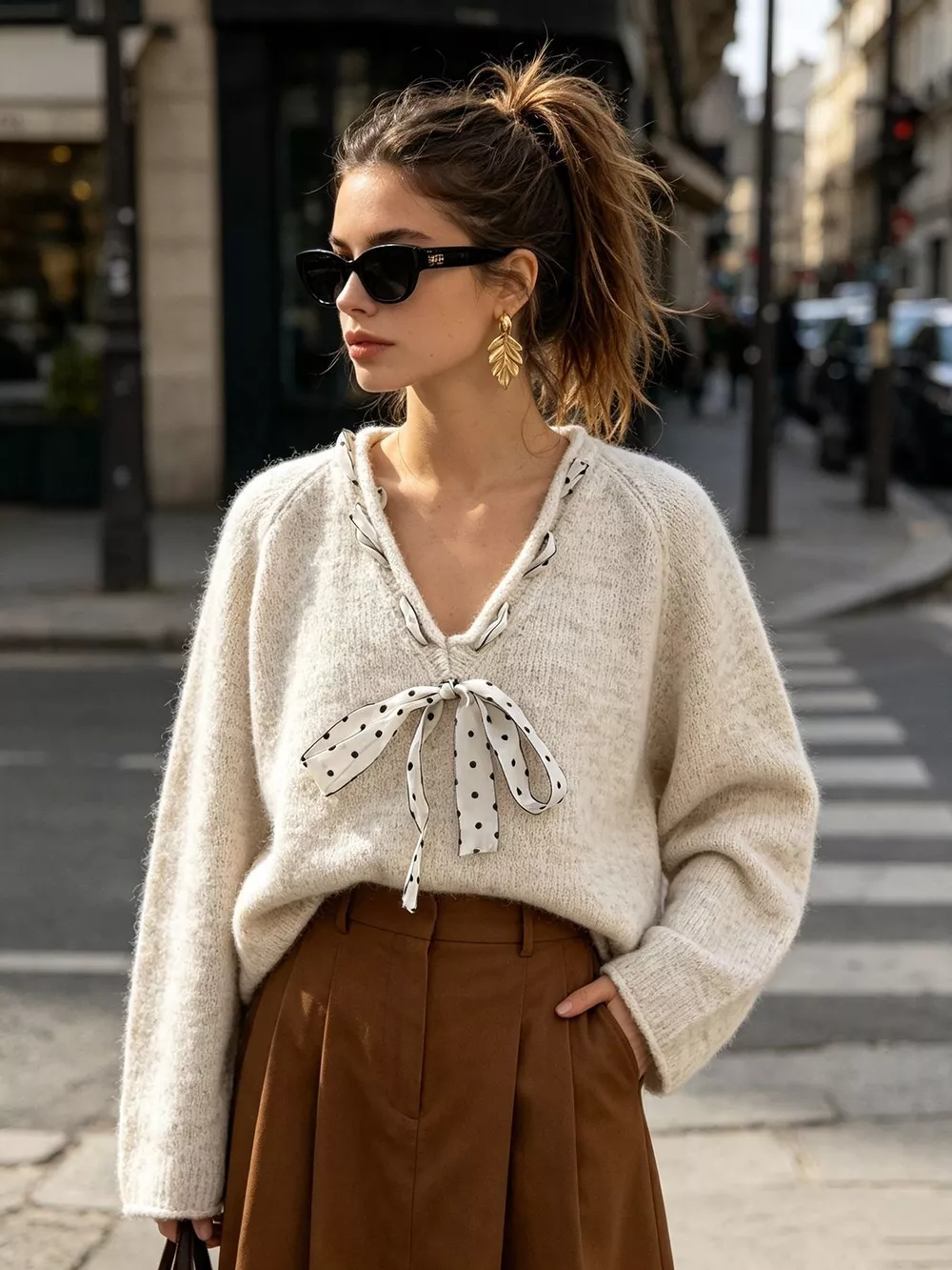 Chic V-Neck Sweater with Polka Dot Ribbon Tie, image 2