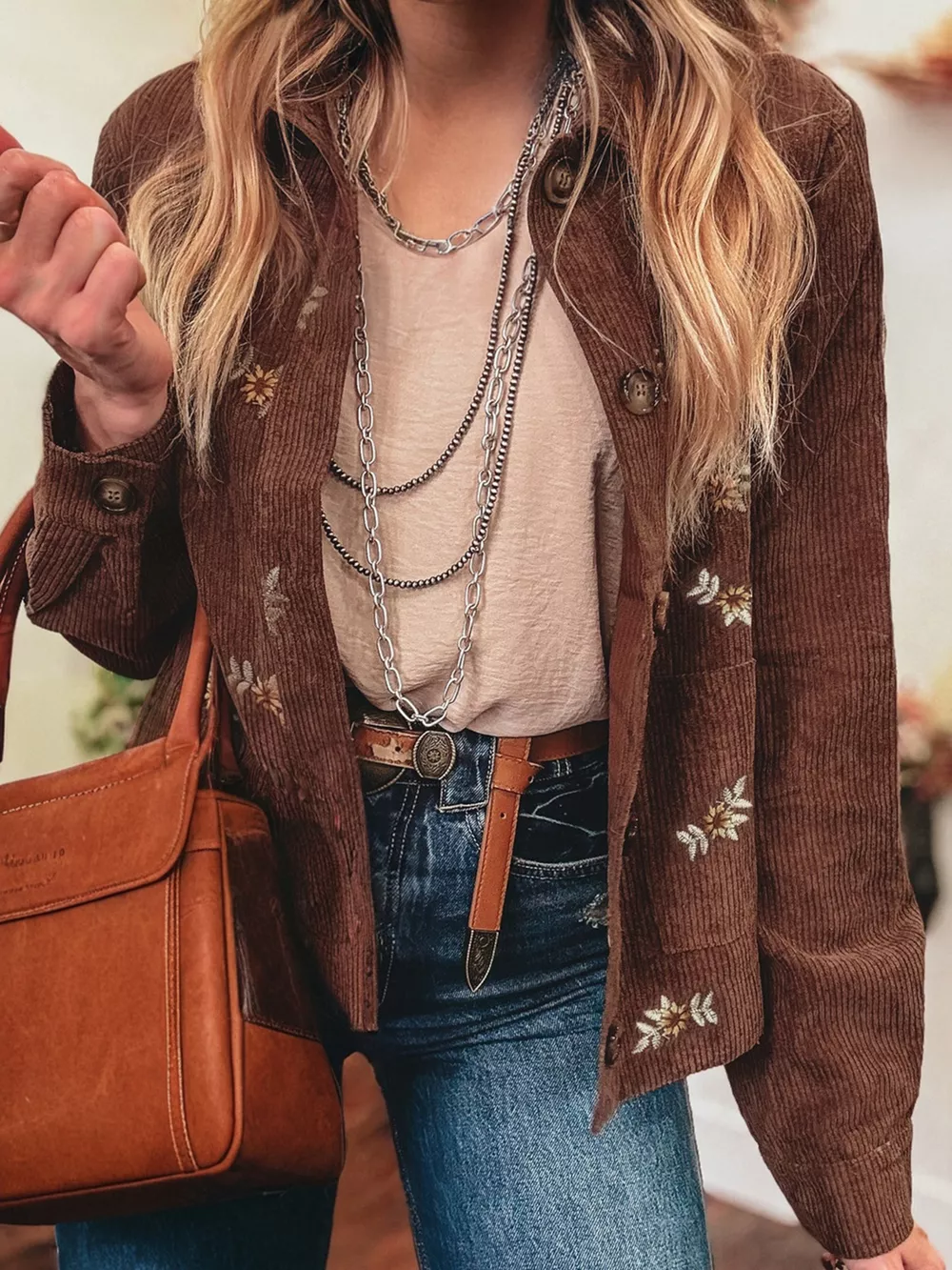 Floral Embroidered Collar Button Front Corduroy Jacket, image 3