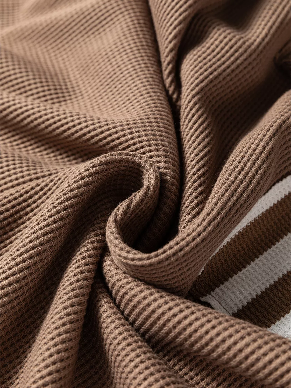 Waffle Texture Striped Patchwork Button Neck Drawstring Hoodie, image 5