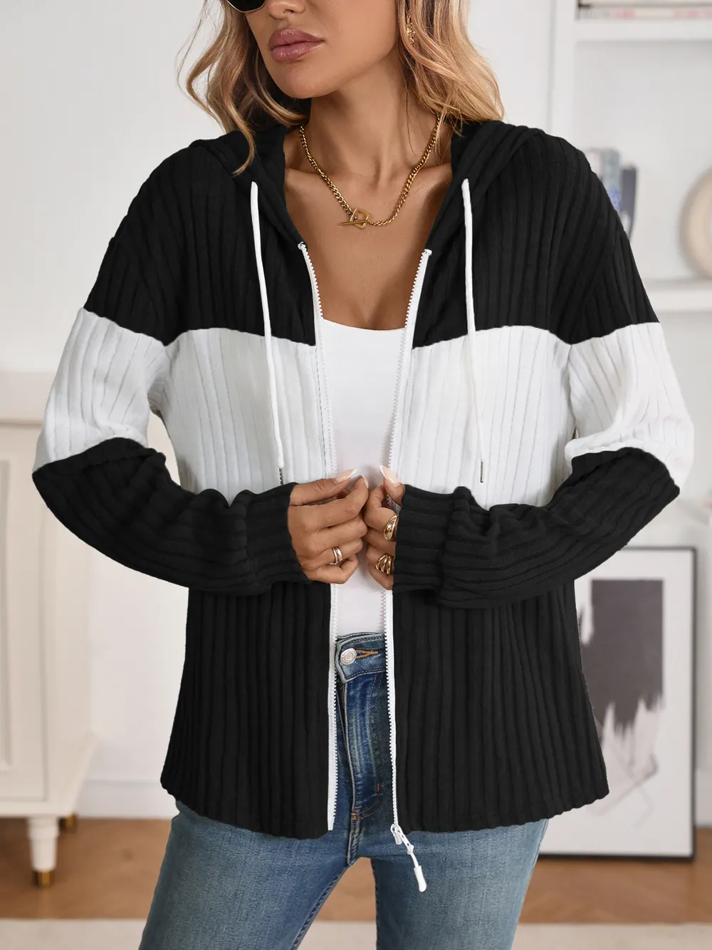 Drawstring Color Block Zip Up Outerwear, image 3