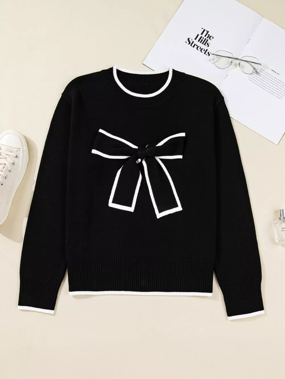 Contrast Trim Bow Accent Holiday Cropped Sweater, image 5