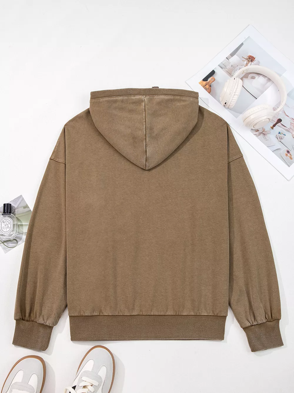 Half Zip Kangaroo Pocket Mineral Wash Baggy Hoodie, image 6