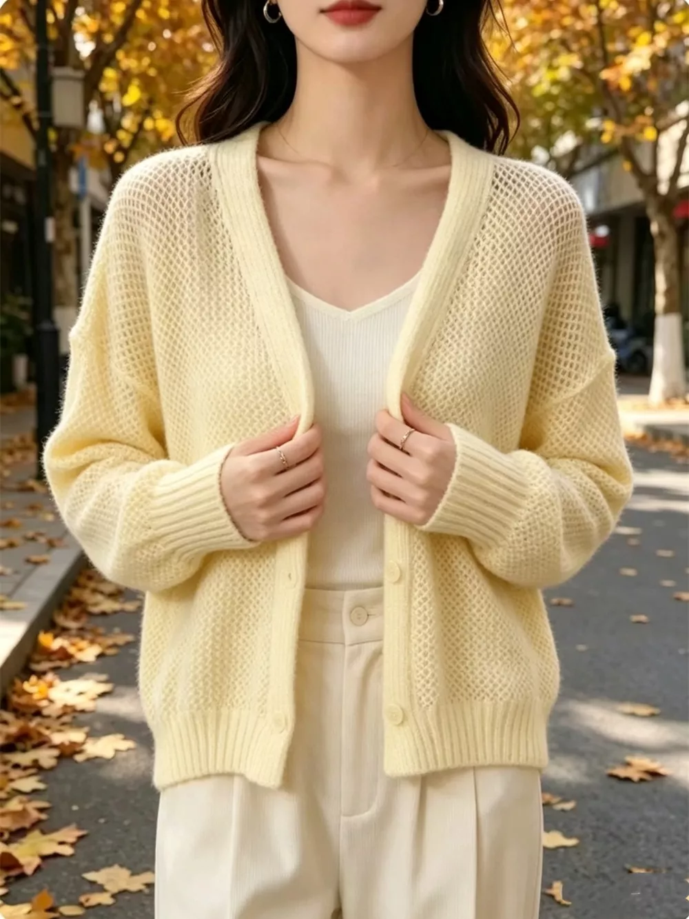 V-Neck Open-Knit Button-Down Cardigan, image 10