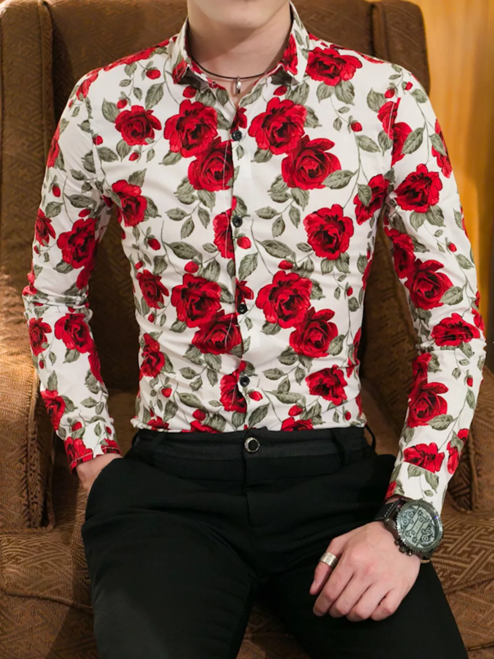 Men's Plus Size Floral Print Slim Fit Long Sleeve Shirt, image 2
