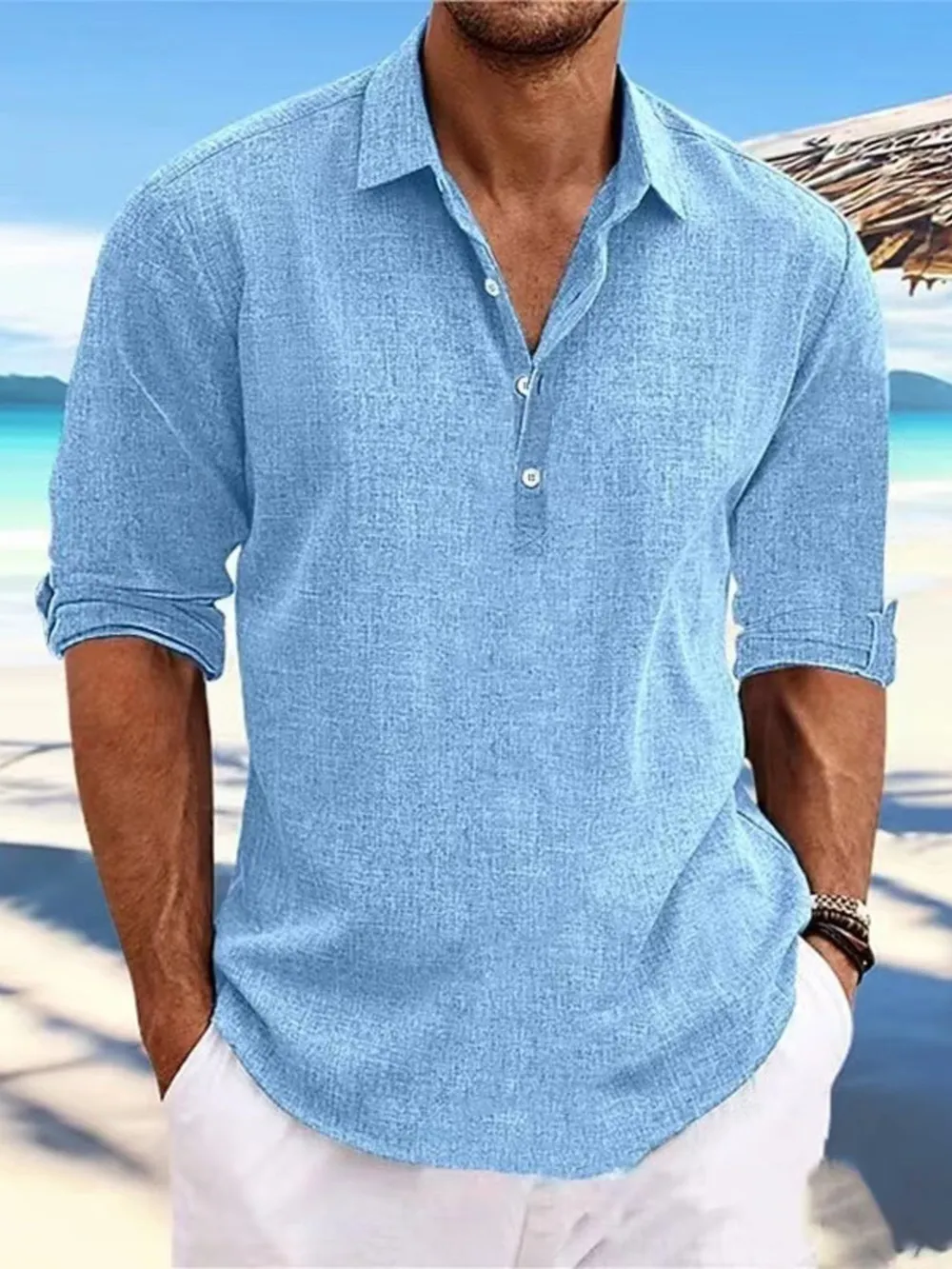Men's Full Size Casual Linen Long Sleeve Polo Shirt Plus Size, image 4