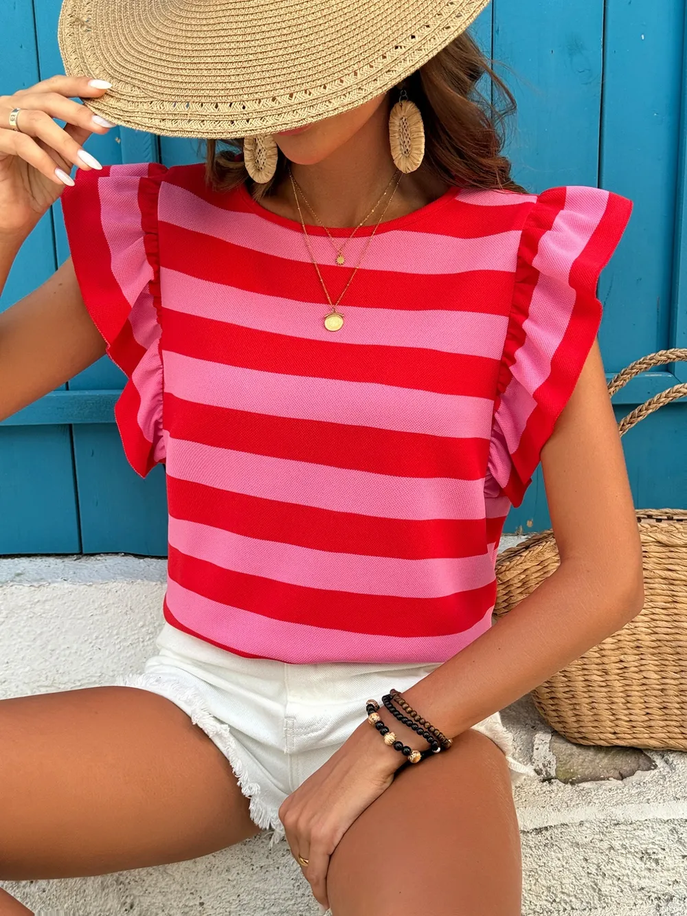 Contrast Striped Ruffle Sleeve T-Shirt, image 5