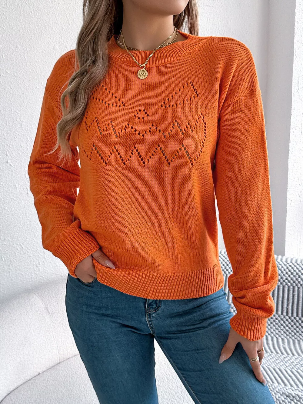 Openwork Round Neck Long Sleeve Sweater, image 6