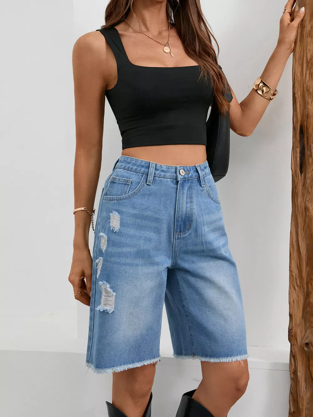 Ripped Frayed Hem Denim Shorts, image 8