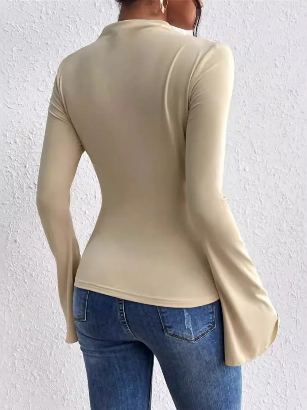 Bell Sleeve Ruched Fitted T-Shirt with Mock Neck, image 4