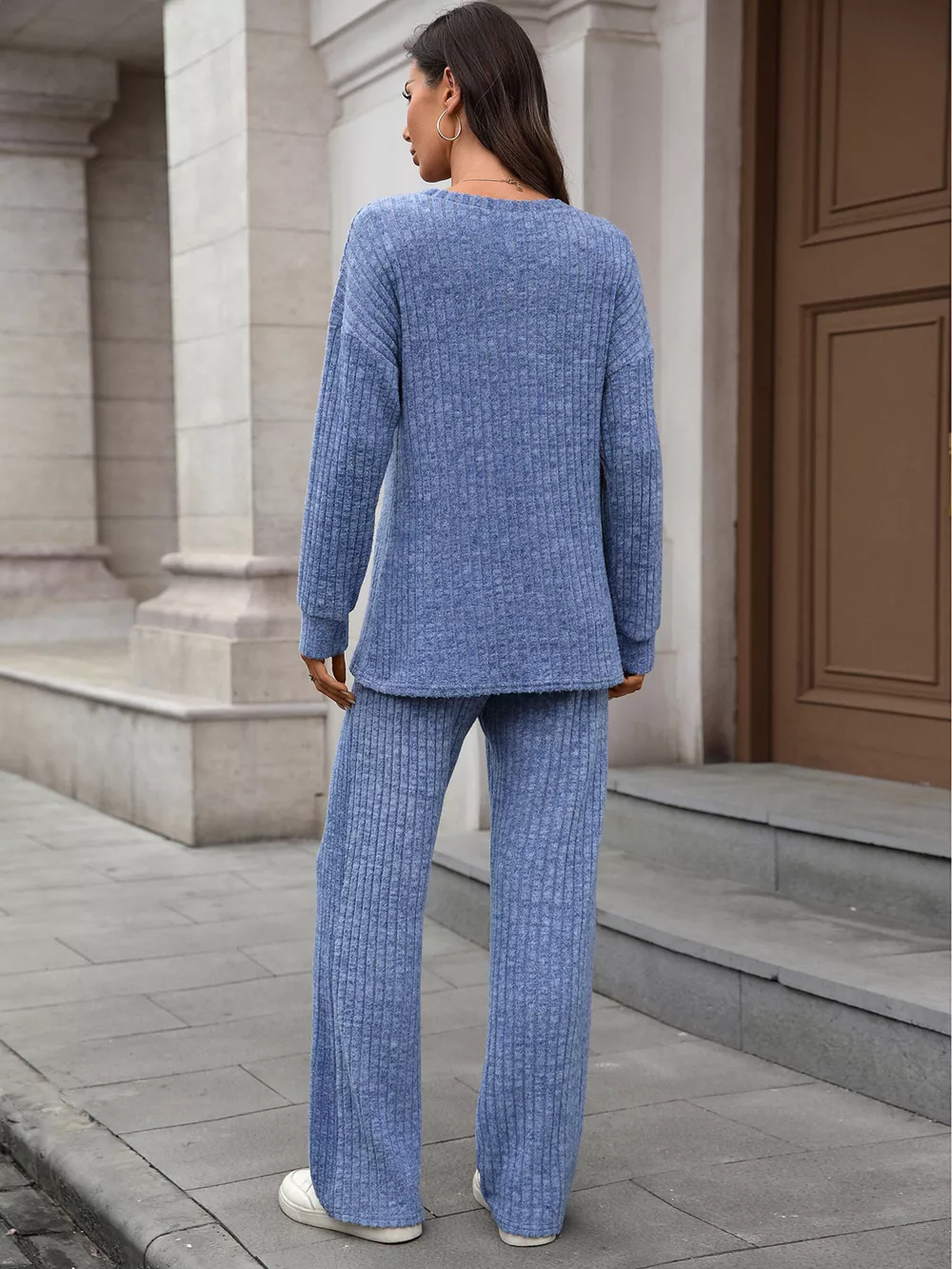 Ribbed Round Neck Top and Pants Set, image 7