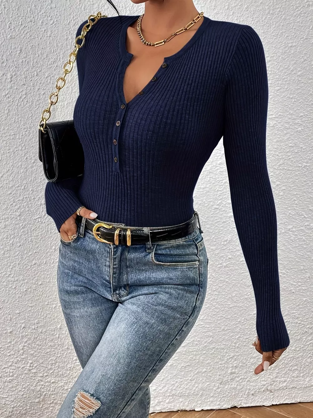 Ribbed Knit Button Front Knit Top, image 7