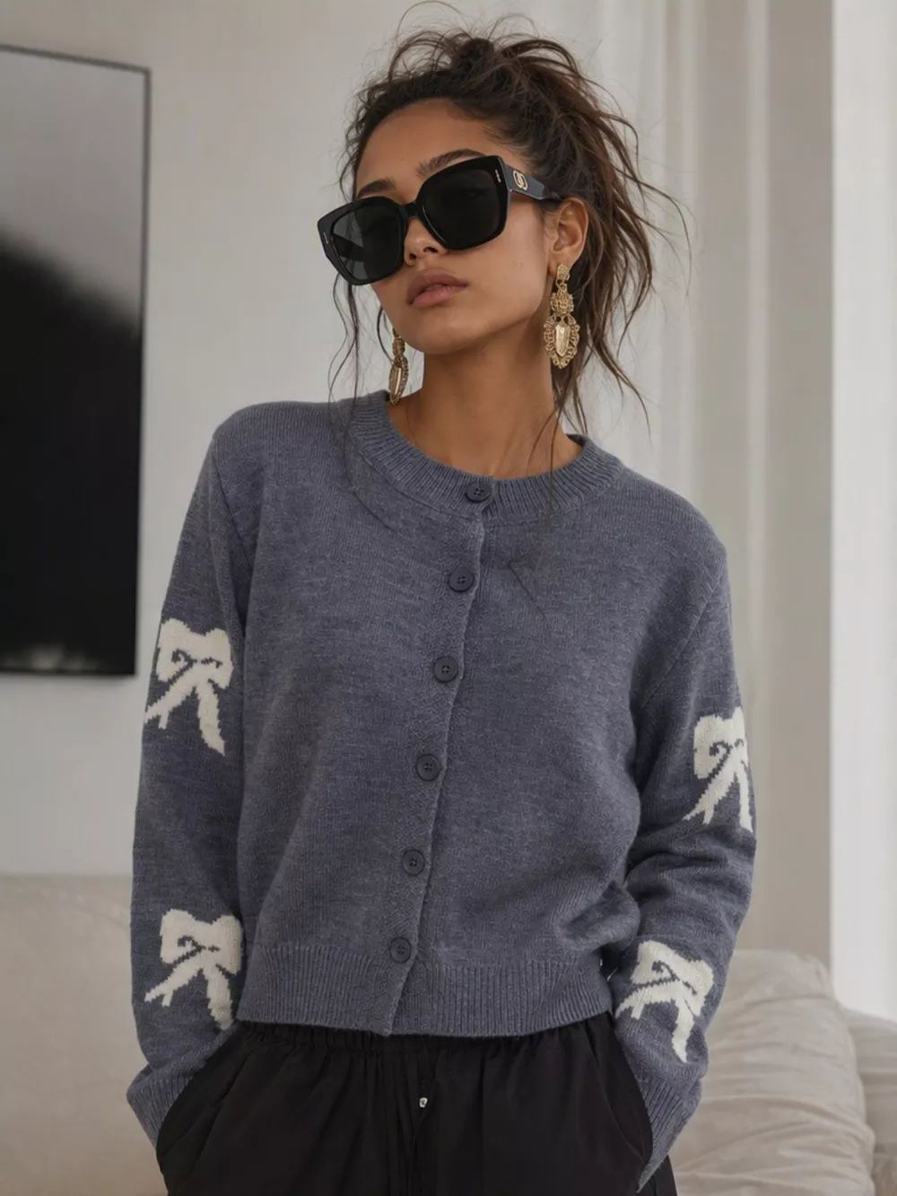 Floral Crew Neck Cropped Knit Cardigan, image 14