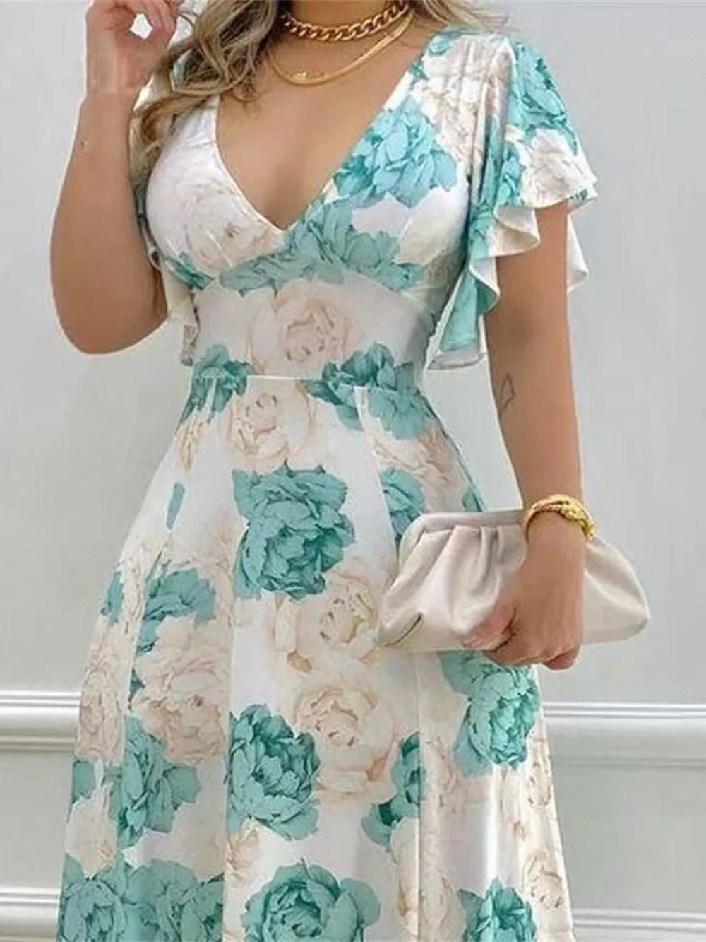 Plus Size Floral Print V-Neck Maxi Dress with Flutter Sleeves, image 2