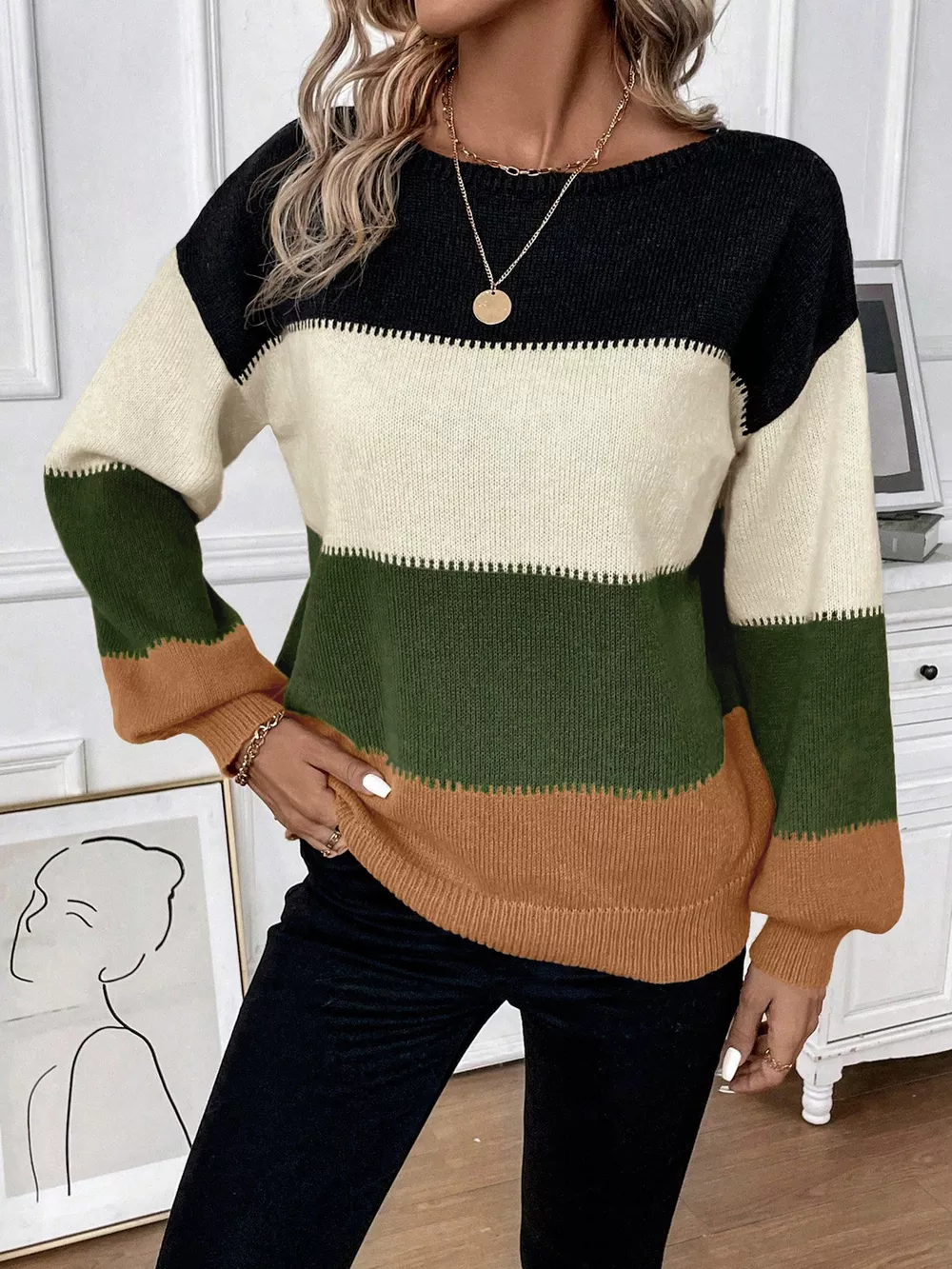 Color Block Round Neck Knit Sweater, image 3