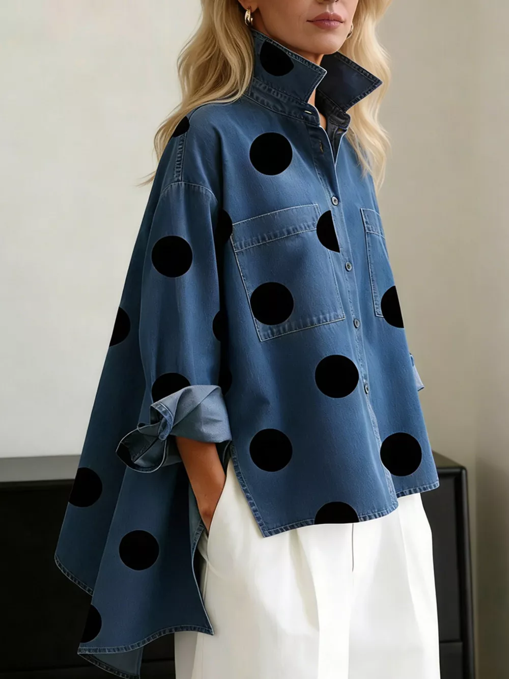 Full Size Polka Dot Oversized Denim Look Shirt Plus Size, image 2