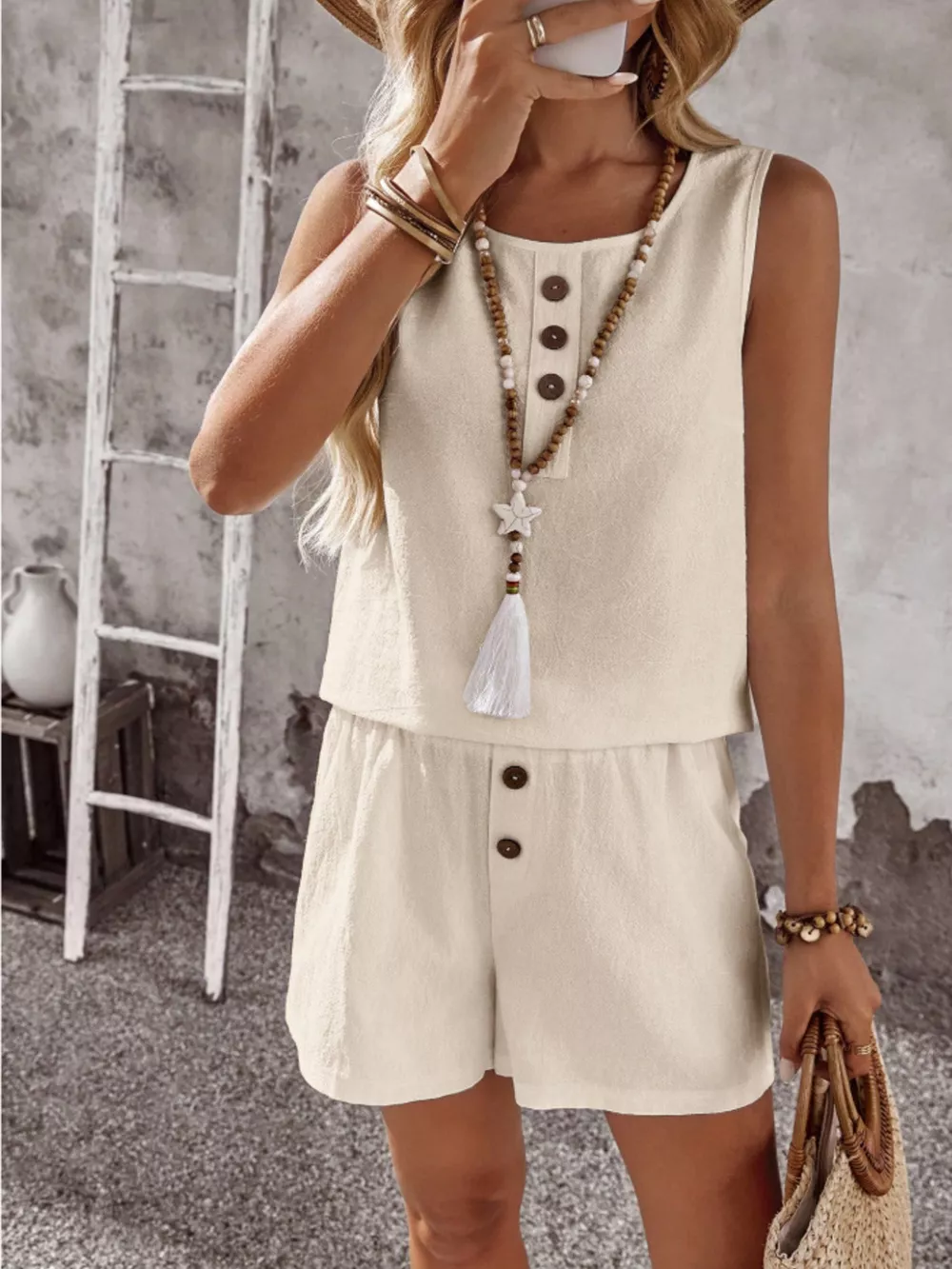 Decor Button Round Neck Tank and Shorts Set, image 2