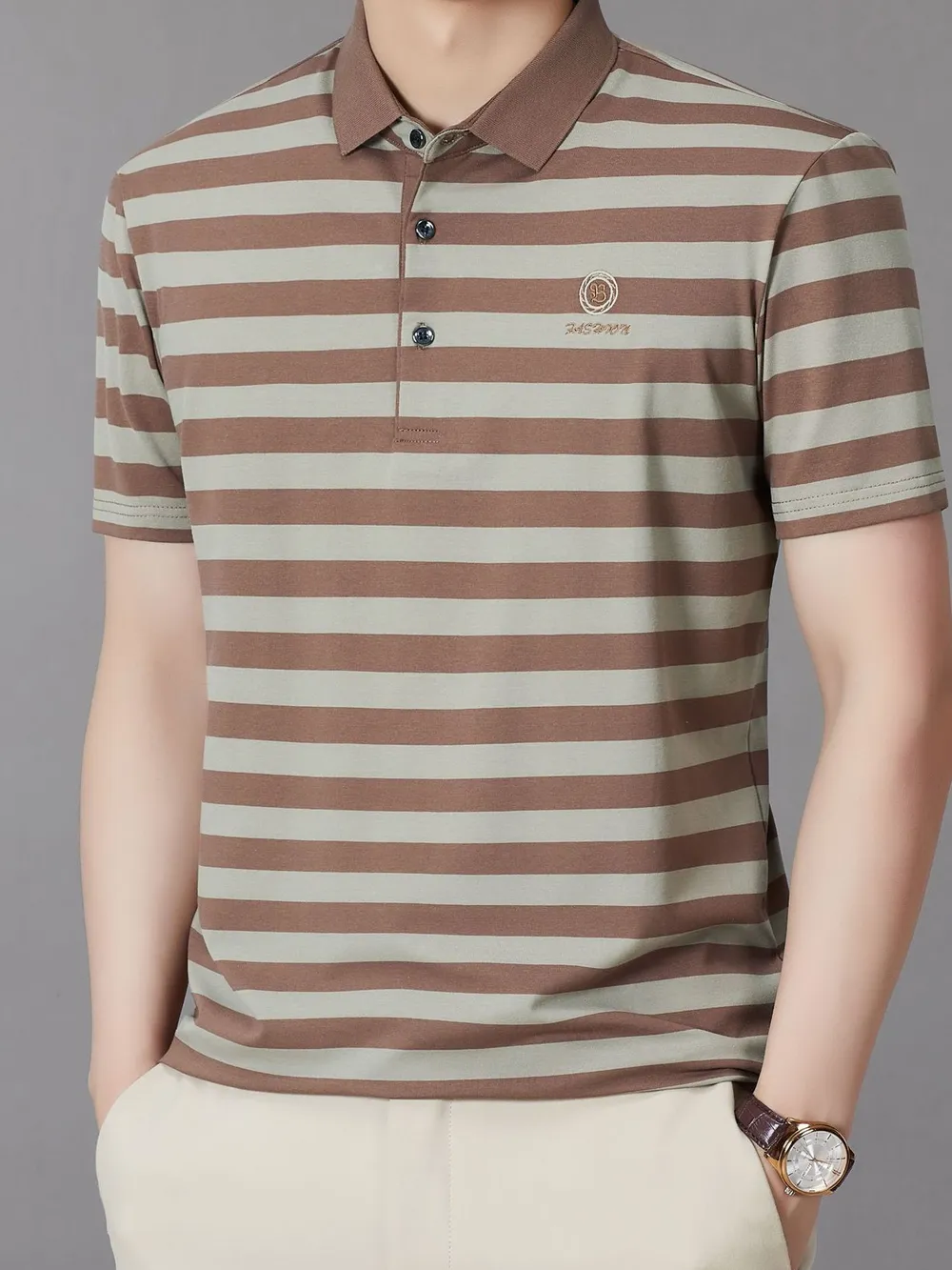 Men's Striped Button Detail Short Sleeve Polo, image 2