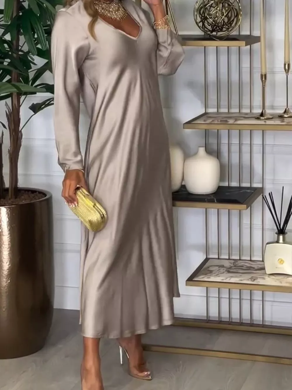 Full Size V-Neck Long Sleeve Midi Dress Plus Size, image 10