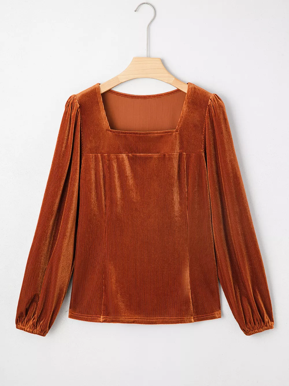 Velvet Ribbed Texture Square Neck Slim Puff Sleeve Top, image 4