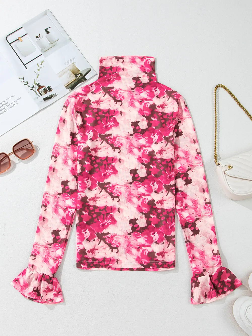 Floral Mesh Flounce Sleeve Mock Neck Blouse, image 8
