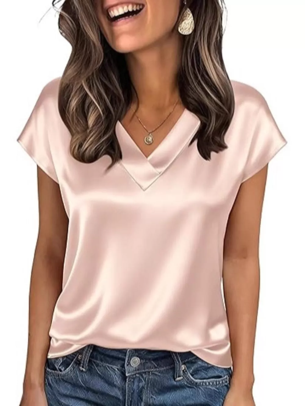 Satin V-Neck Short Sleeve Blouse, image 19