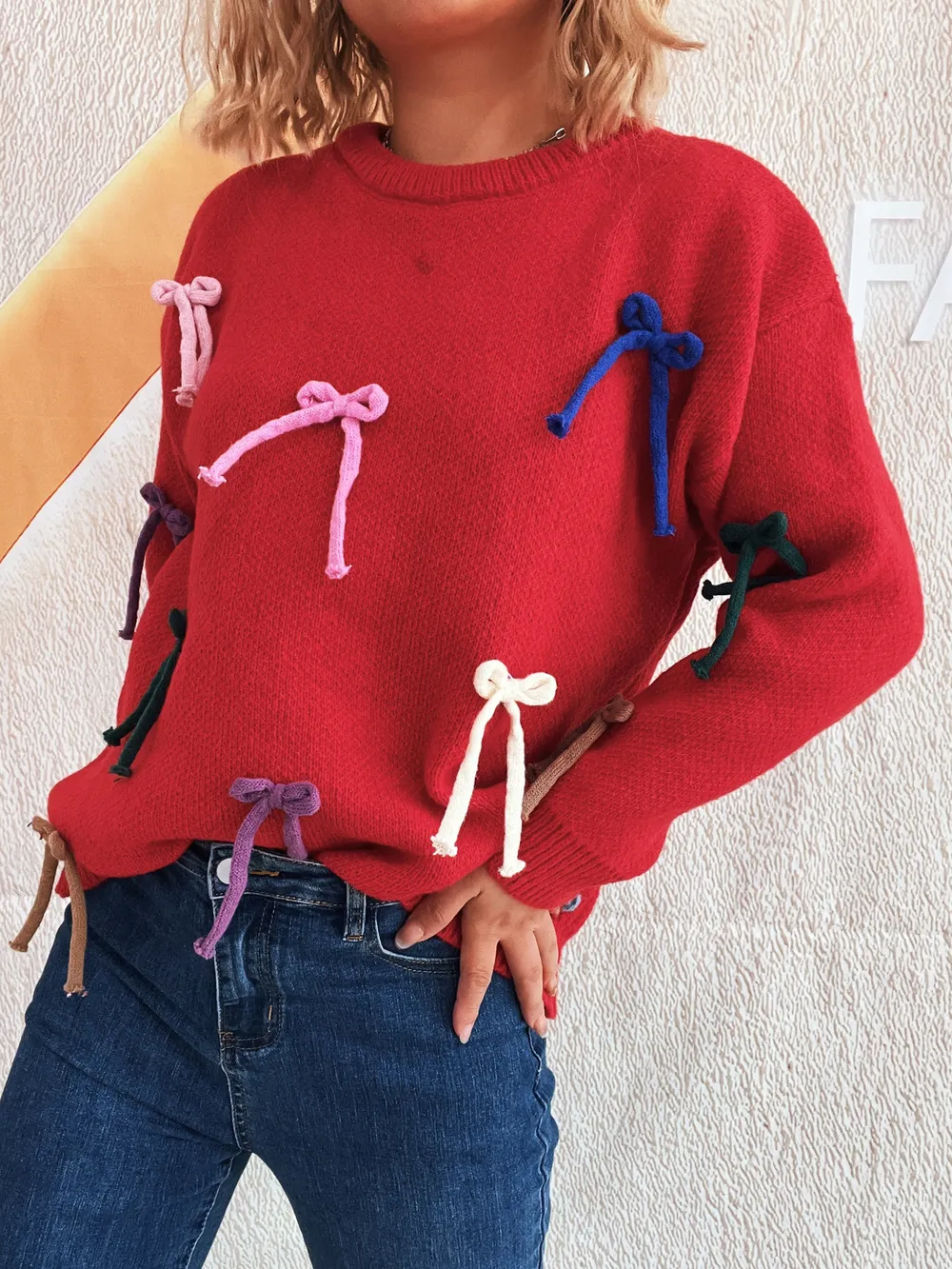 Colorful Bow Round Neck Sweater, image 16