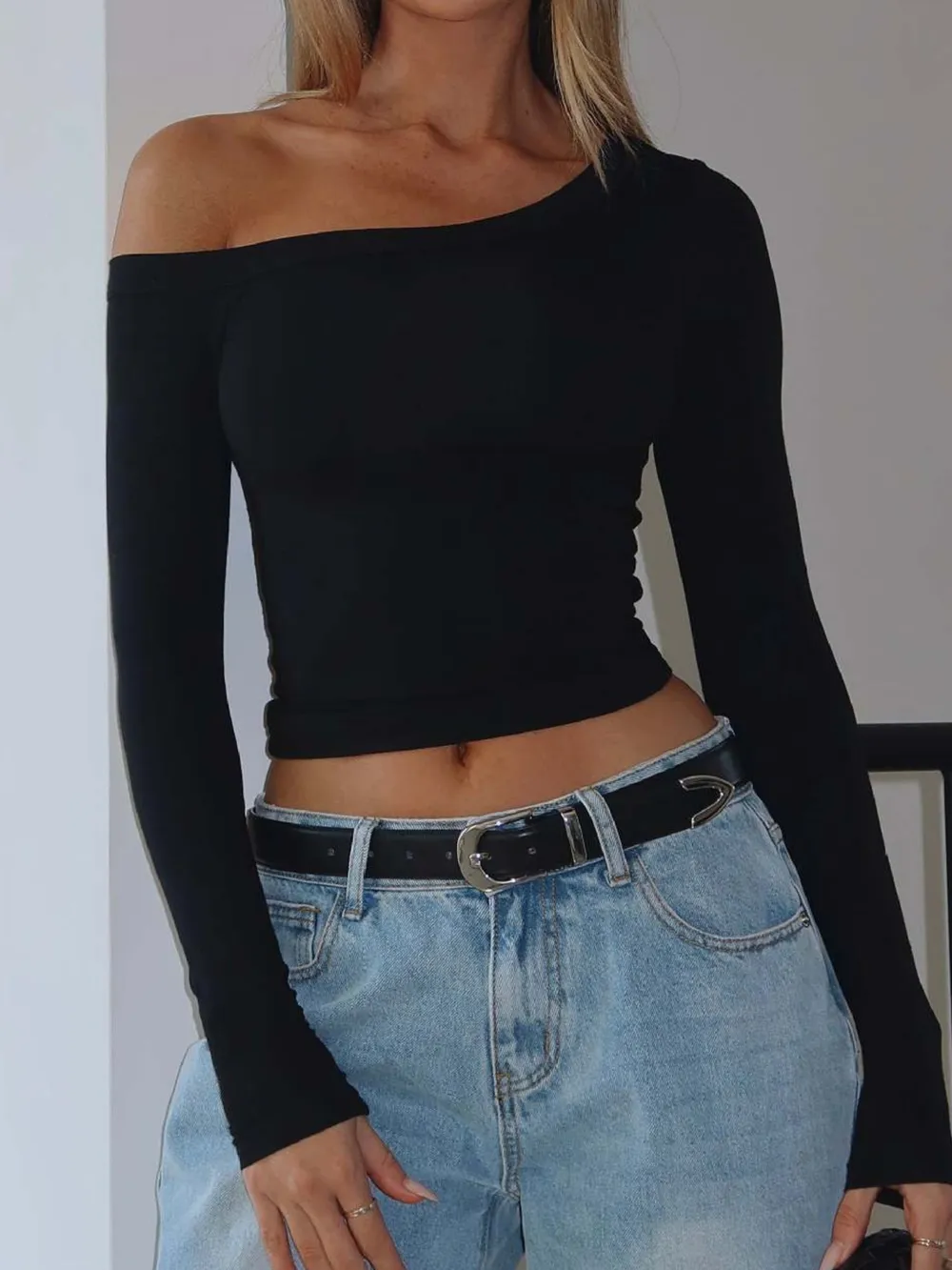 One Shoulder Long Sleeve Crop T-Shirt