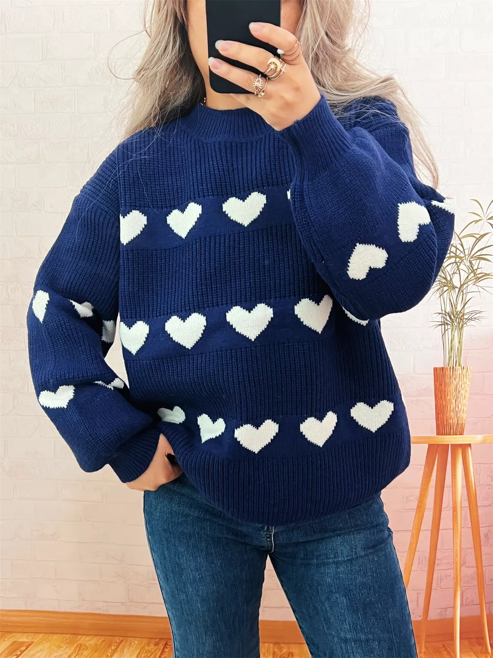 Heart Pattern Dropped Shoulder Sweater, image 15