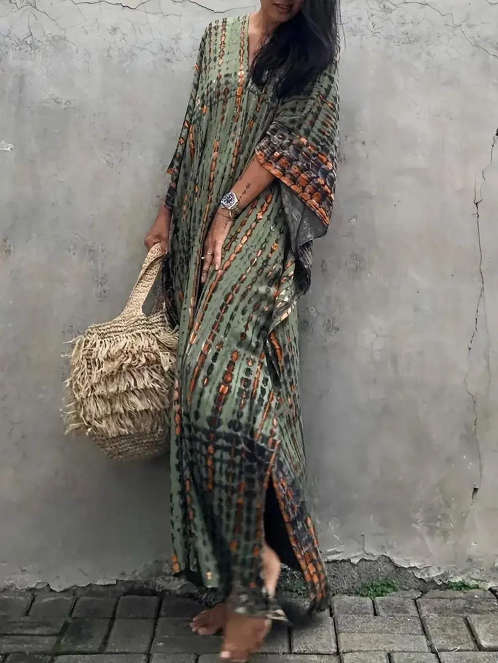Tie-Dye V-Neck Maxi Dress with Flowy Sleeves, image 4