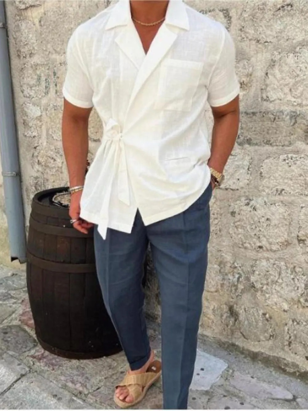 Men's Plus Size Tied Lightweight Linen Wrap Top, image 6