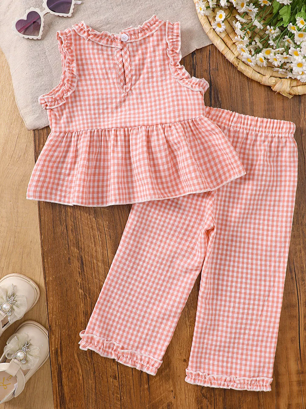 Children's Gingham Ruffle Trim Sleeveless Top & Pants Set, image 12