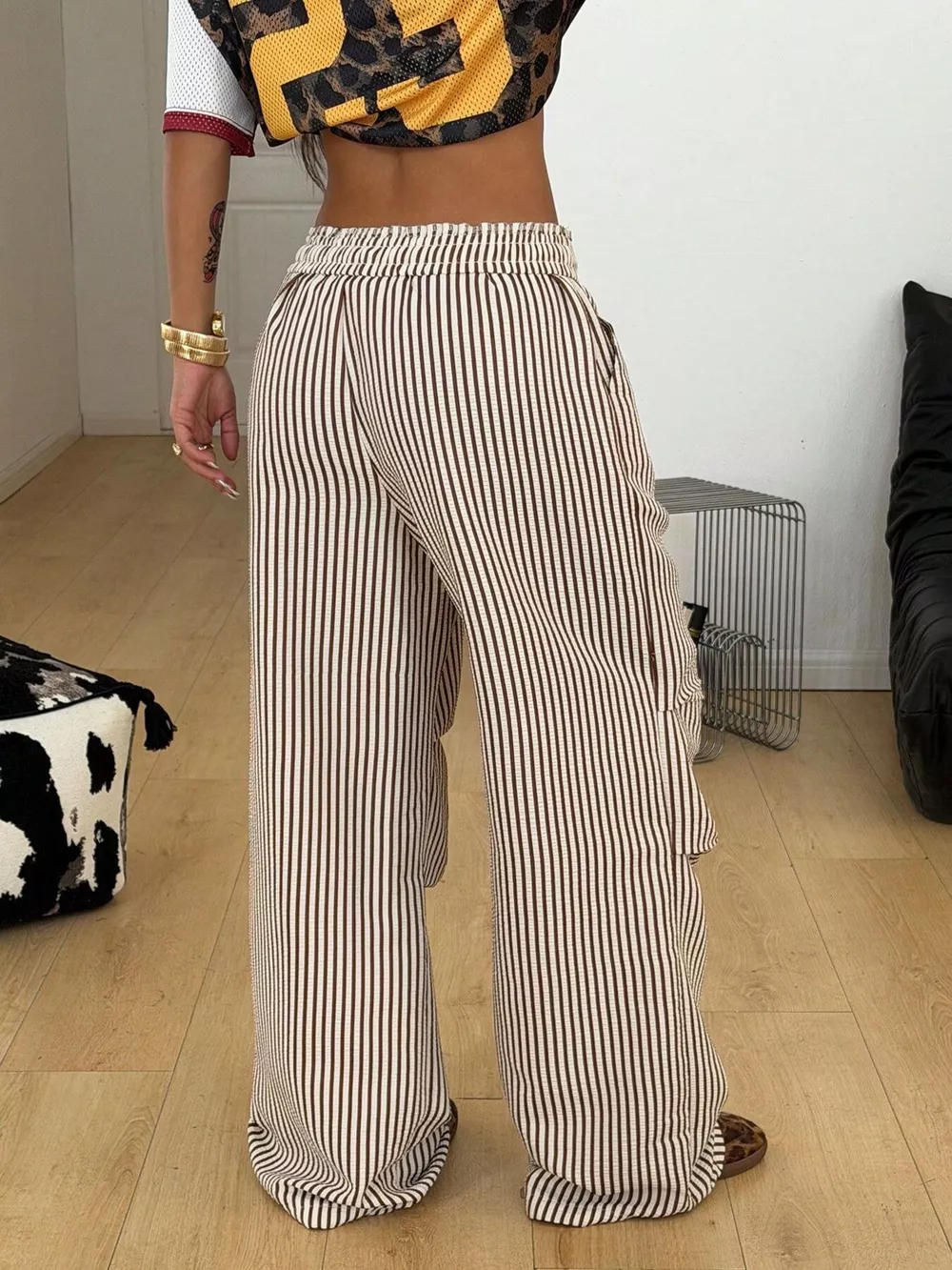 High-Waisted Striped Wide-Leg Cargo Pants with Drawstring, image 5
